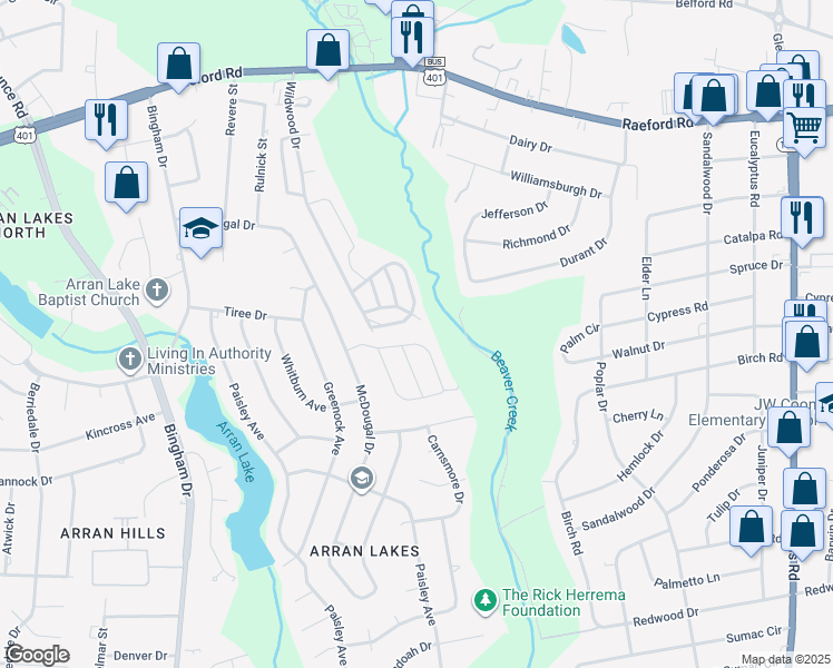 map of restaurants, bars, coffee shops, grocery stores, and more near 5858 Aftonshire Drive in Fayetteville