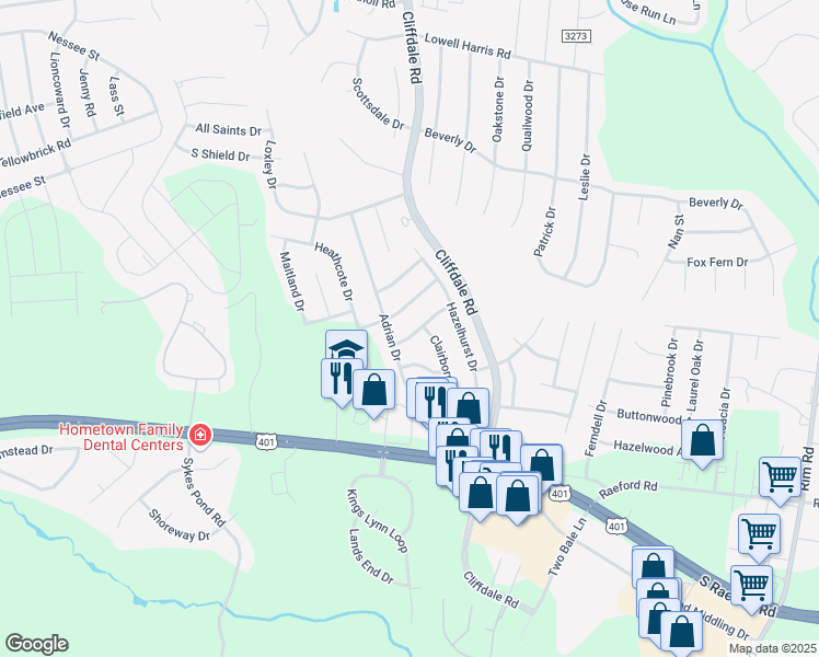 map of restaurants, bars, coffee shops, grocery stores, and more near 7875 Atmore Drive in Fayetteville