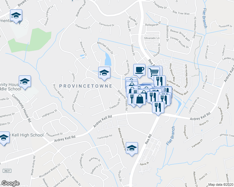 map of restaurants, bars, coffee shops, grocery stores, and more near 8846 Fieldcroft Drive in Charlotte