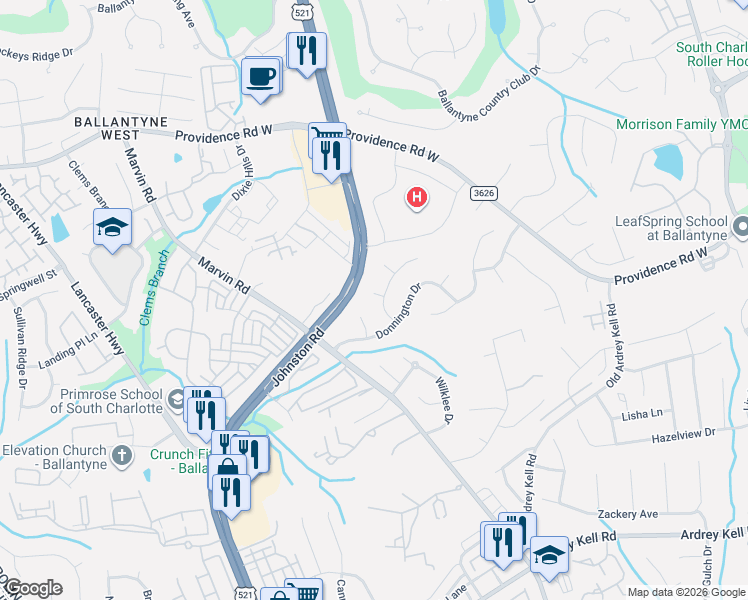 map of restaurants, bars, coffee shops, grocery stores, and more near 15961 Cumnor Lane in Charlotte