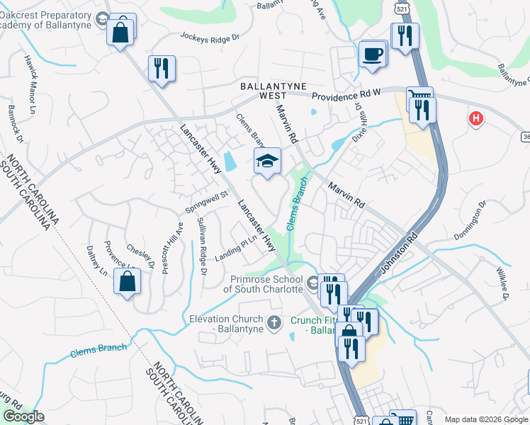 map of restaurants, bars, coffee shops, grocery stores, and more near 11926 Clems Branch Drive in Charlotte