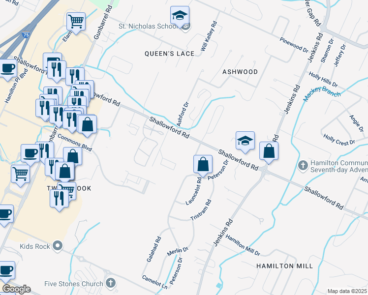 map of restaurants, bars, coffee shops, grocery stores, and more near 2320 Guinevere Parkway in Chattanooga