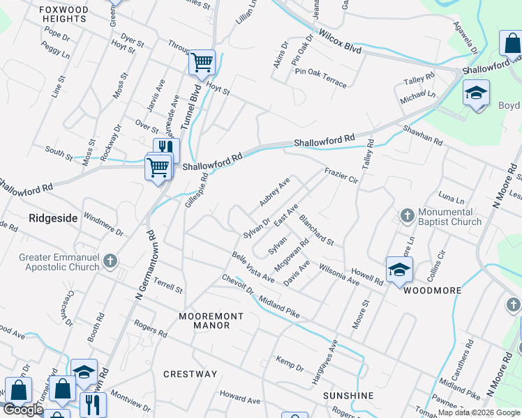 map of restaurants, bars, coffee shops, grocery stores, and more near 811 Sylvan Drive in Chattanooga