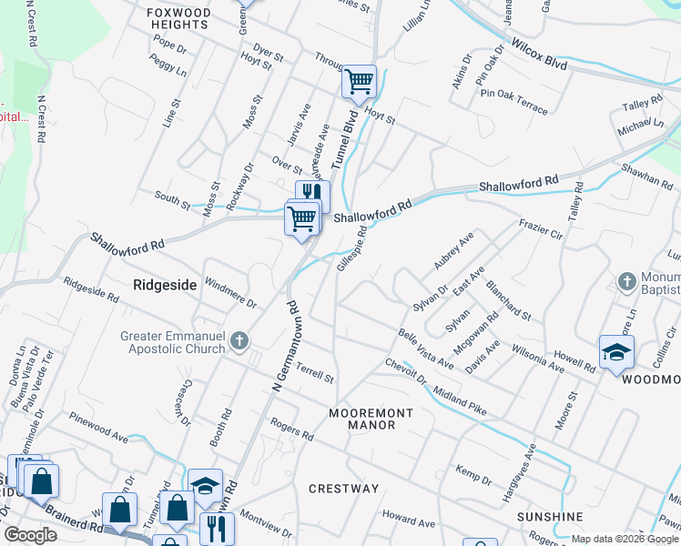 map of restaurants, bars, coffee shops, grocery stores, and more near 607 Sylvan Drive in Chattanooga