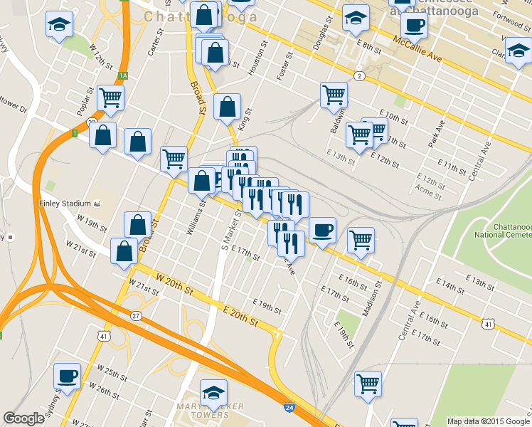map of restaurants, bars, coffee shops, grocery stores, and more near in Chattanooga