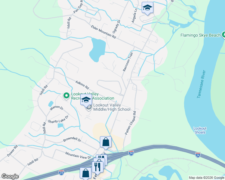 map of restaurants, bars, coffee shops, grocery stores, and more near 3392 Willow Lake Circle in Chattanooga