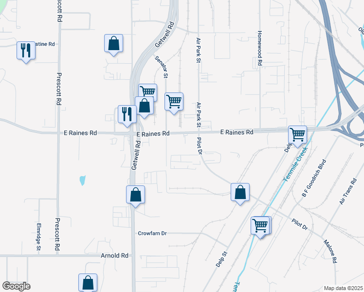 map of restaurants, bars, coffee shops, grocery stores, and more near 3909 East Raines Road in Memphis