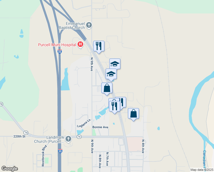 map of restaurants, bars, coffee shops, grocery stores, and more near 801 Crown Heights Lane in Purcell