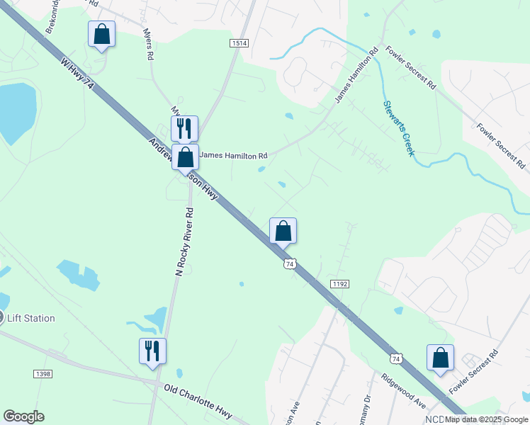 map of restaurants, bars, coffee shops, grocery stores, and more near 3898 West Highway 74 in Monroe