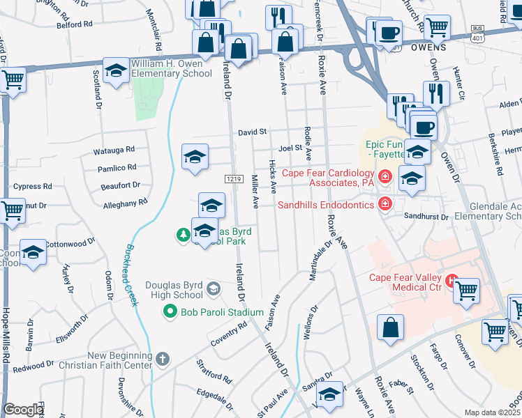 map of restaurants, bars, coffee shops, grocery stores, and more near 801 Miller Avenue in Fayetteville