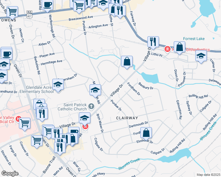 map of restaurants, bars, coffee shops, grocery stores, and more near 1691 Purdue Drive in Fayetteville