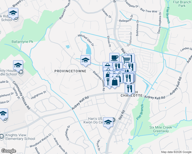 map of restaurants, bars, coffee shops, grocery stores, and more near 8846 Fieldcroft Drive in Charlotte