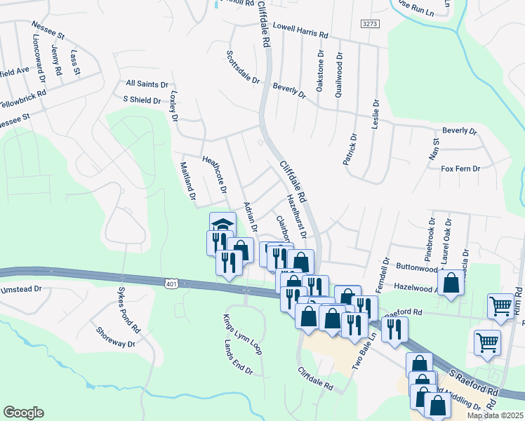 map of restaurants, bars, coffee shops, grocery stores, and more near 7875 Atmore Drive in Fayetteville