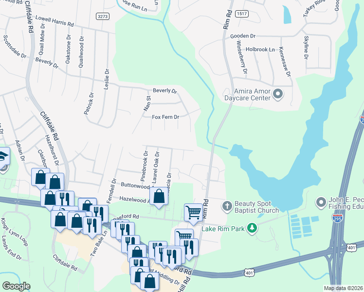 map of restaurants, bars, coffee shops, grocery stores, and more near 7735 Redwood Avenue in Fayetteville