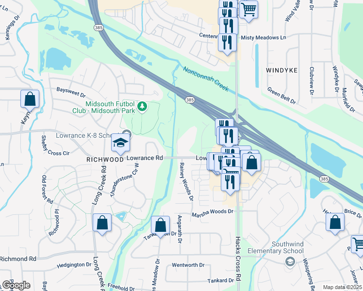 map of restaurants, bars, coffee shops, grocery stores, and more near 7900 Lowrance Road in Memphis
