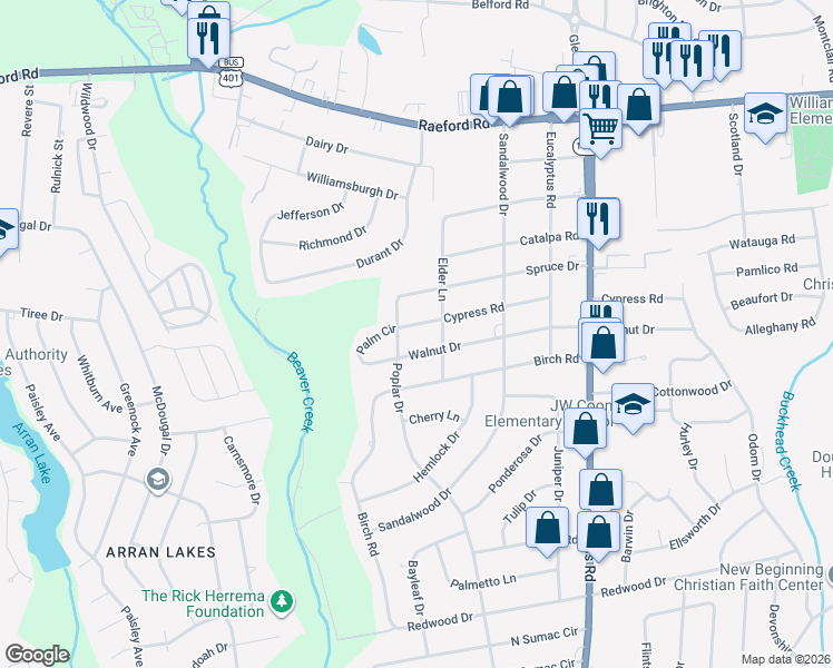 map of restaurants, bars, coffee shops, grocery stores, and more near 5306 Walnut Drive in Fayetteville