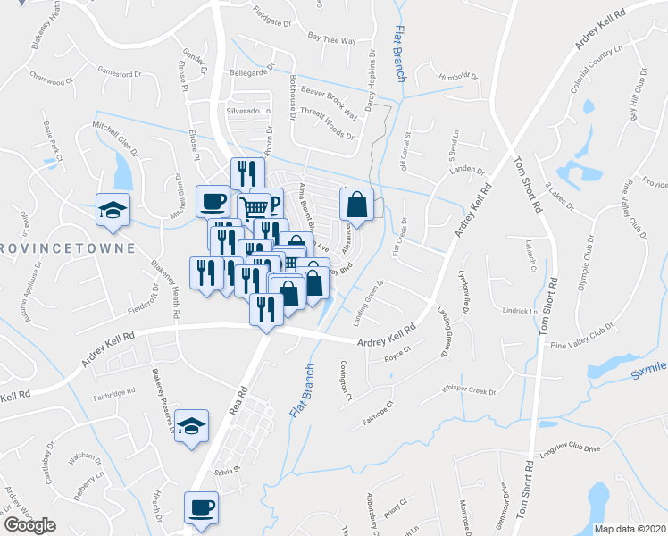 map of restaurants, bars, coffee shops, grocery stores, and more near 12847 Bullock Greenway Boulevard in Charlotte