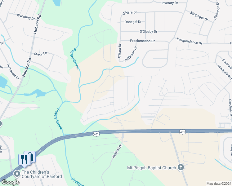 map of restaurants, bars, coffee shops, grocery stores, and more near 414 Bedford Drive in Raeford