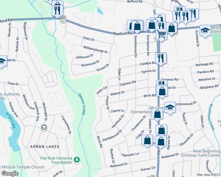 map of restaurants, bars, coffee shops, grocery stores, and more near 5306 Walnut Drive in Fayetteville