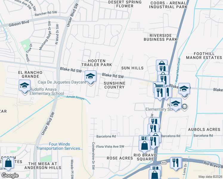 map of restaurants, bars, coffee shops, grocery stores, and more near 2516 Marta Way Southwest in Albuquerque
