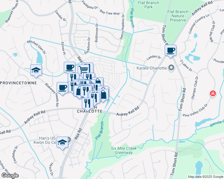 map of restaurants, bars, coffee shops, grocery stores, and more near 12865 Bullock Greenway Boulevard in Charlotte