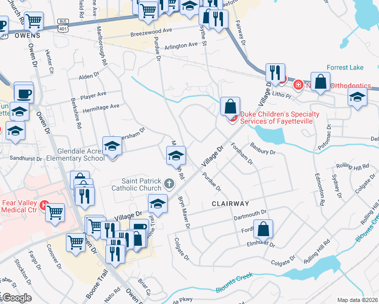 map of restaurants, bars, coffee shops, grocery stores, and more near 1691 Purdue Drive in Fayetteville