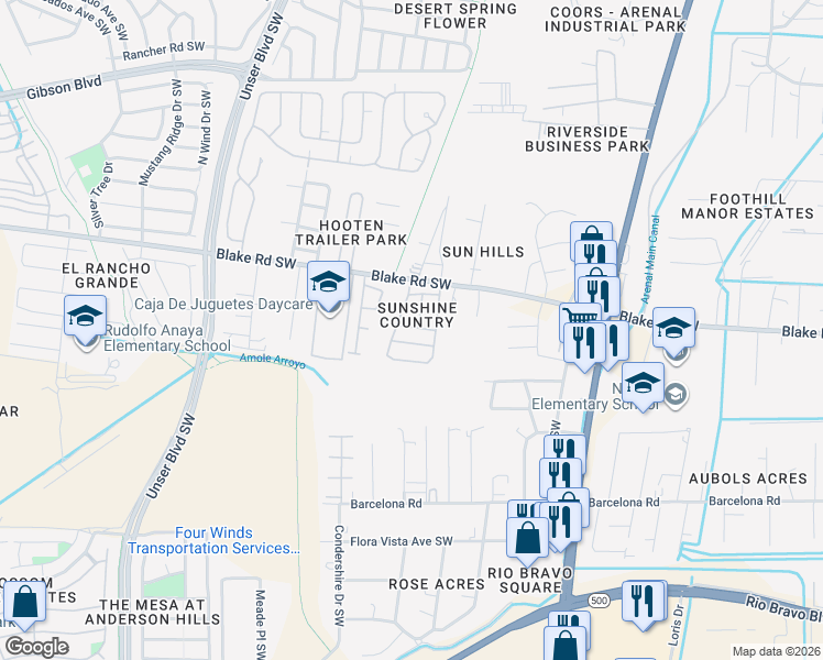 map of restaurants, bars, coffee shops, grocery stores, and more near 2516 Marta Way Southwest in Albuquerque