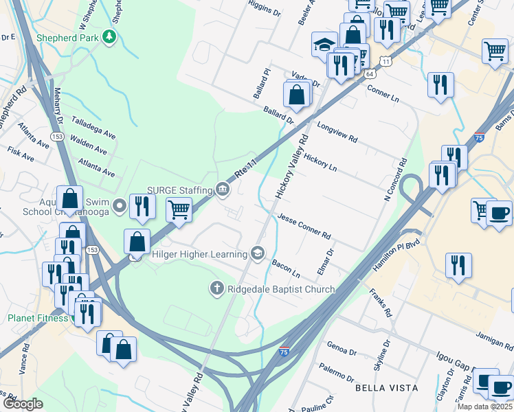 map of restaurants, bars, coffee shops, grocery stores, and more near 6717 Briana Way in Chattanooga