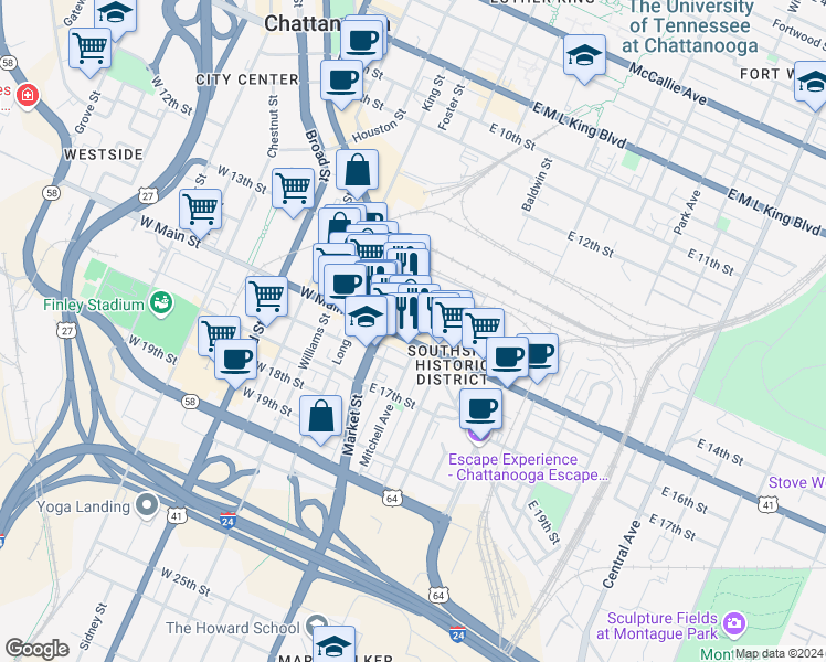 map of restaurants, bars, coffee shops, grocery stores, and more near 32 East Main Street in Chattanooga