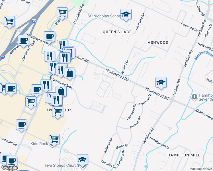 map of restaurants, bars, coffee shops, grocery stores, and more near 1222 Pembrook Lane in Chattanooga