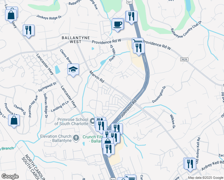 map of restaurants, bars, coffee shops, grocery stores, and more near 11604 Kingsley View Drive in Charlotte