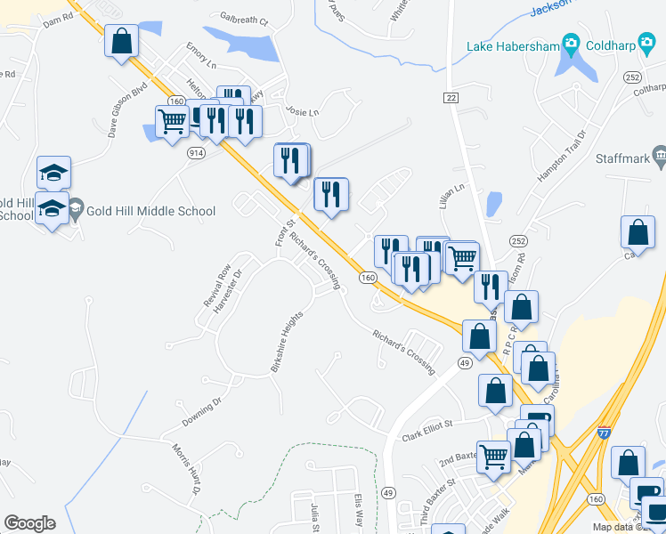 map of restaurants, bars, coffee shops, grocery stores, and more near 3356 Richard's Crossing in Fort Mill