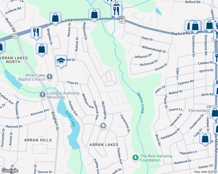 map of restaurants, bars, coffee shops, grocery stores, and more near 1319 Knotty Elm Loop in Fayetteville