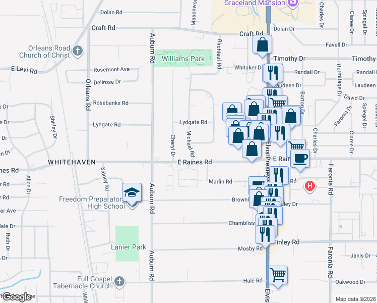 map of restaurants, bars, coffee shops, grocery stores, and more near 984 East Raines Road in Memphis