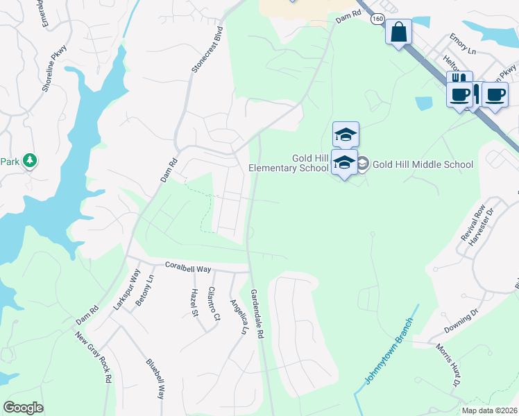 map of restaurants, bars, coffee shops, grocery stores, and more near 1562-1604 Gardendale Road in Fort Mill