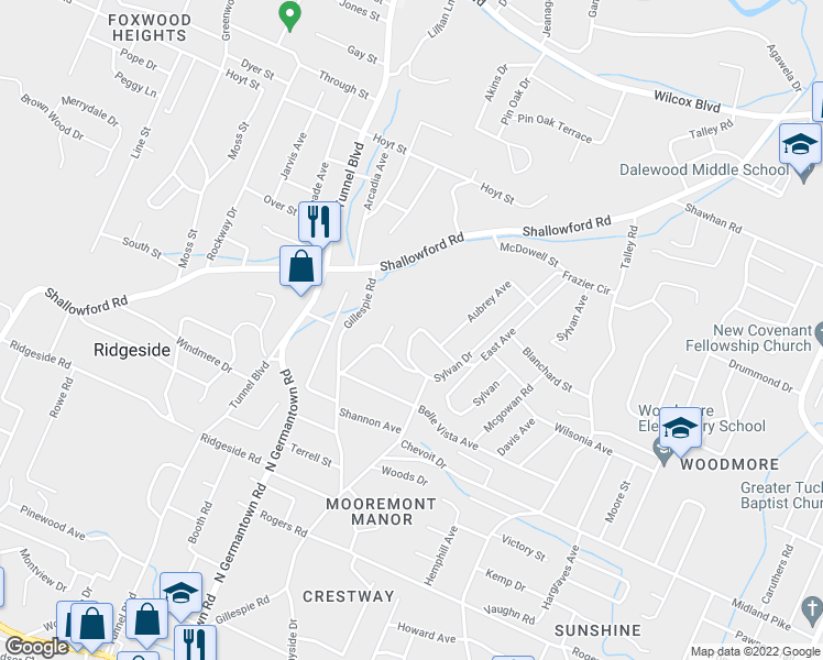 map of restaurants, bars, coffee shops, grocery stores, and more near 719 Frazier Circle in Chattanooga