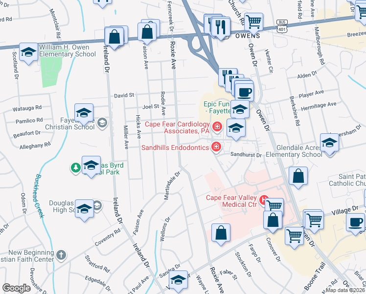 map of restaurants, bars, coffee shops, grocery stores, and more near 809 Roxie Avenue in Fayetteville