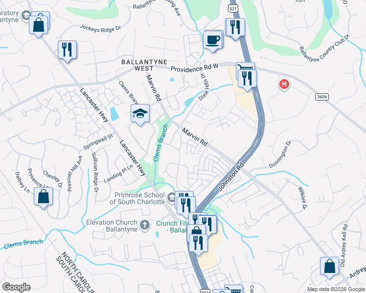 map of restaurants, bars, coffee shops, grocery stores, and more near 12113 Royal Castle Court in Charlotte