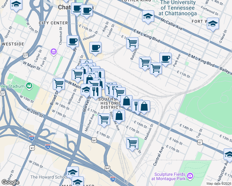 map of restaurants, bars, coffee shops, grocery stores, and more near 1362 Passenger Street in Chattanooga