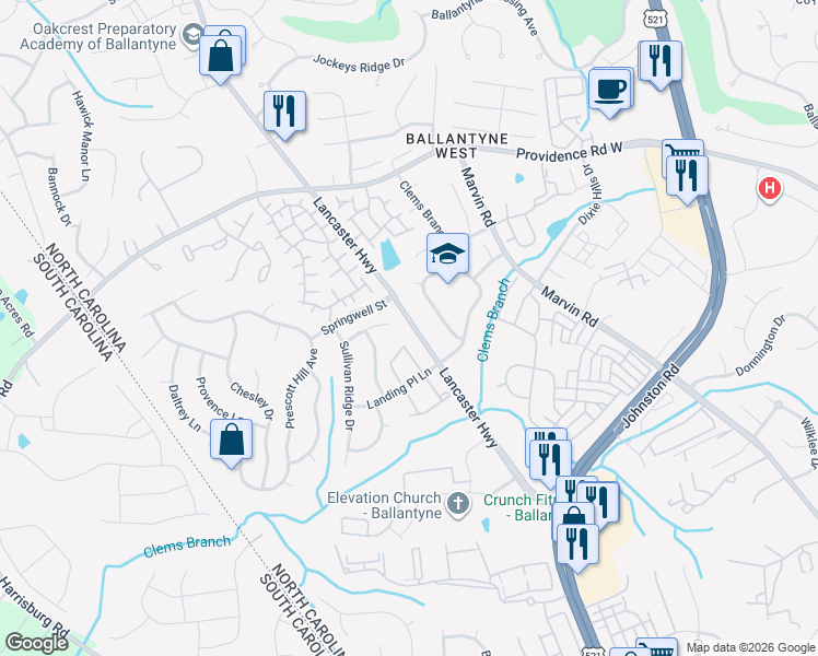 map of restaurants, bars, coffee shops, grocery stores, and more near 15622 Lancaster Highway in Charlotte