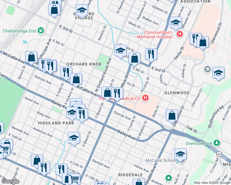 map of restaurants, bars, coffee shops, grocery stores, and more near 2010 Oak Street in Chattanooga