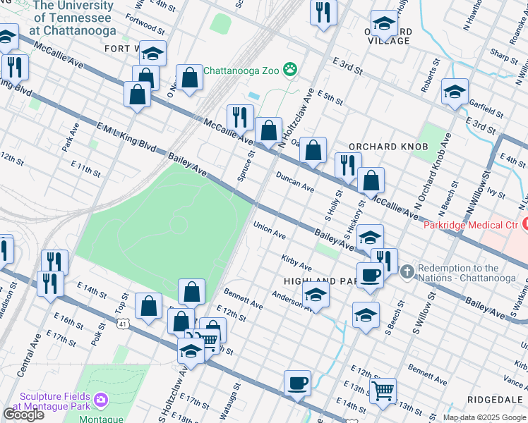 map of restaurants, bars, coffee shops, grocery stores, and more near 1306 Bailey Avenue in Chattanooga