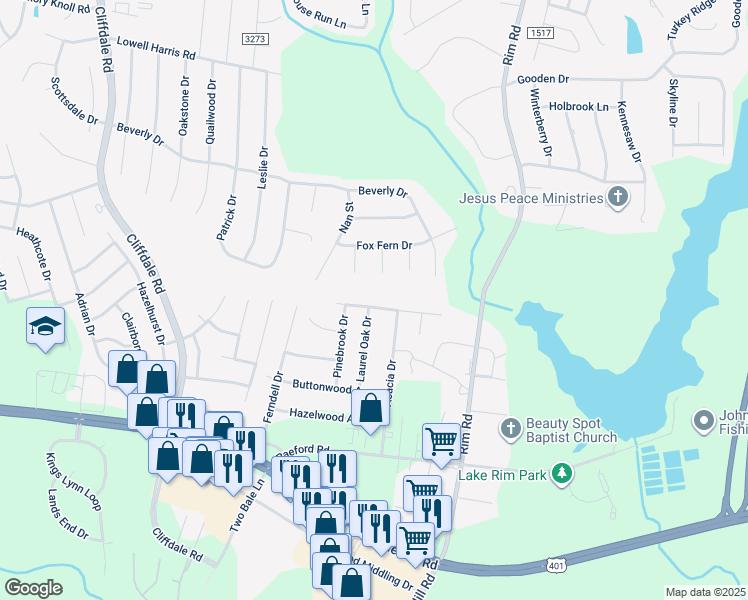 map of restaurants, bars, coffee shops, grocery stores, and more near 7748 Redwood Avenue in Fayetteville