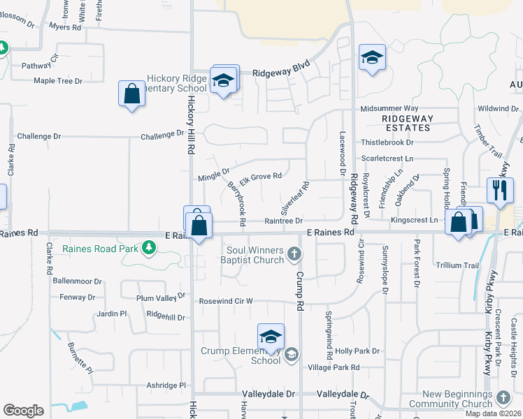 map of restaurants, bars, coffee shops, grocery stores, and more near 6033 Raintree Drive in Memphis