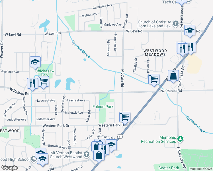map of restaurants, bars, coffee shops, grocery stores, and more near 498 West Raines Road in Memphis