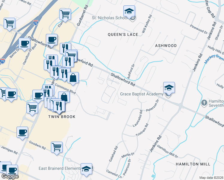 map of restaurants, bars, coffee shops, grocery stores, and more near 7510 Shallowford Road in Chattanooga