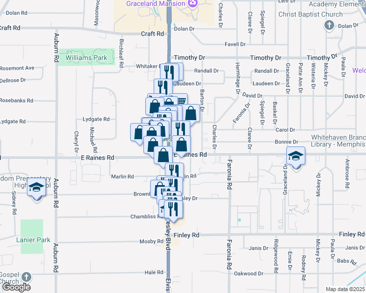 map of restaurants, bars, coffee shops, grocery stores, and more near 4130 Elvis Presley Boulevard in Memphis