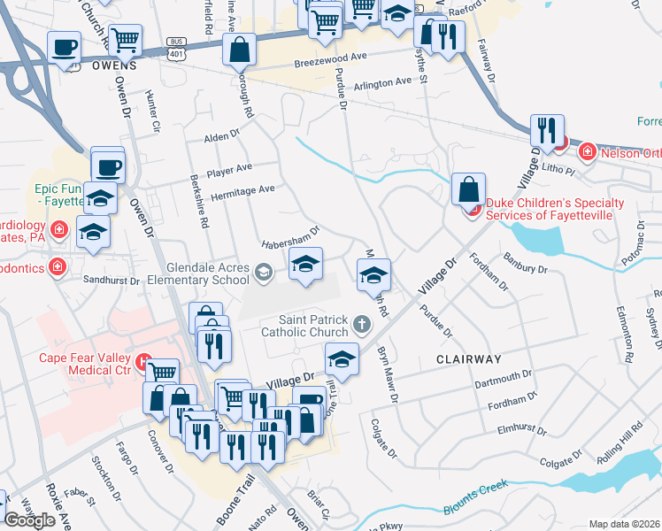 map of restaurants, bars, coffee shops, grocery stores, and more near 1510 Cardiff Drive in Fayetteville