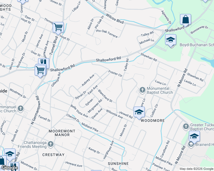 map of restaurants, bars, coffee shops, grocery stores, and more near 4000 Veterans Way in Chattanooga