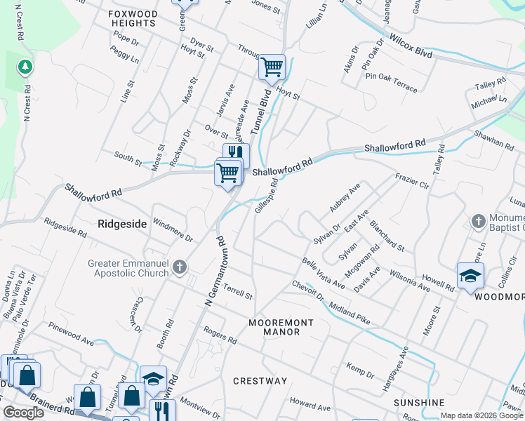 map of restaurants, bars, coffee shops, grocery stores, and more near 607 Sylvan Drive in Chattanooga